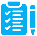 Blue checklist icon with pen.