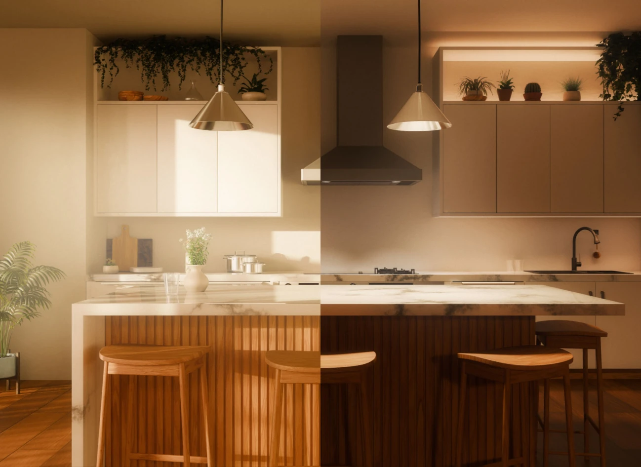 Modern kitchen with contrasting lighting effects.