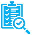 Blue checklist with magnifying glass icon.